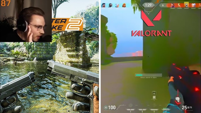 Split-screen comparison between an information-rich esports observer feed and the restricted view visible on a professional player’s screen