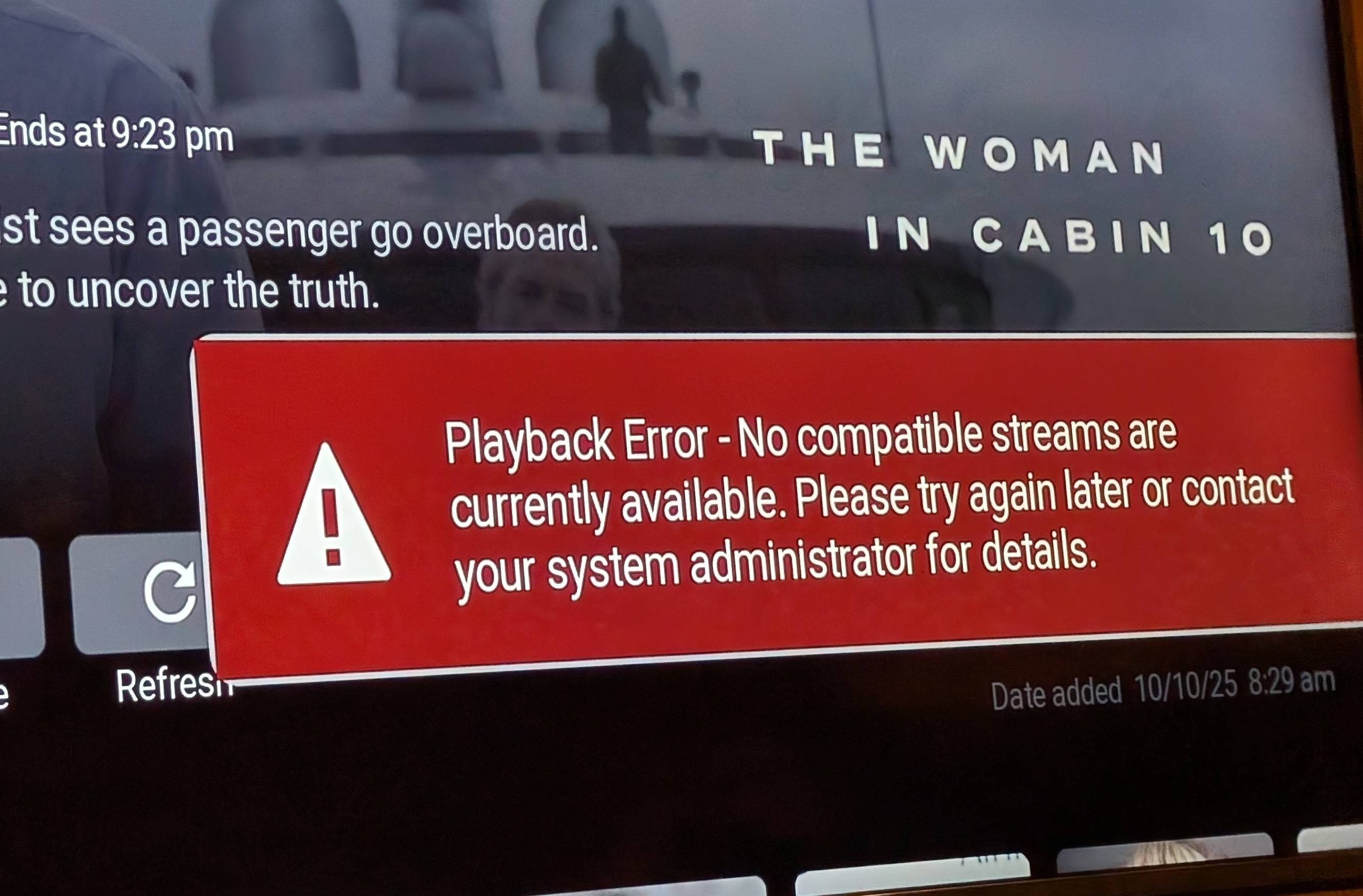 Smart TV showing a playback error while the movie remains listed in an OTT aggregator