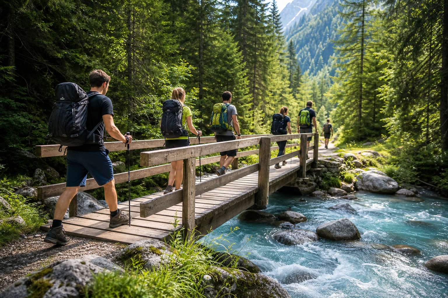 Backpackers crossing a mountain bridge
