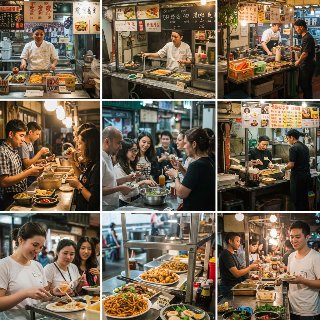 음식을 조리하고 나누는 사람들의 모습을 온카스터디처럼 표현하며 전통 시장의 가치를 드러낸 요소