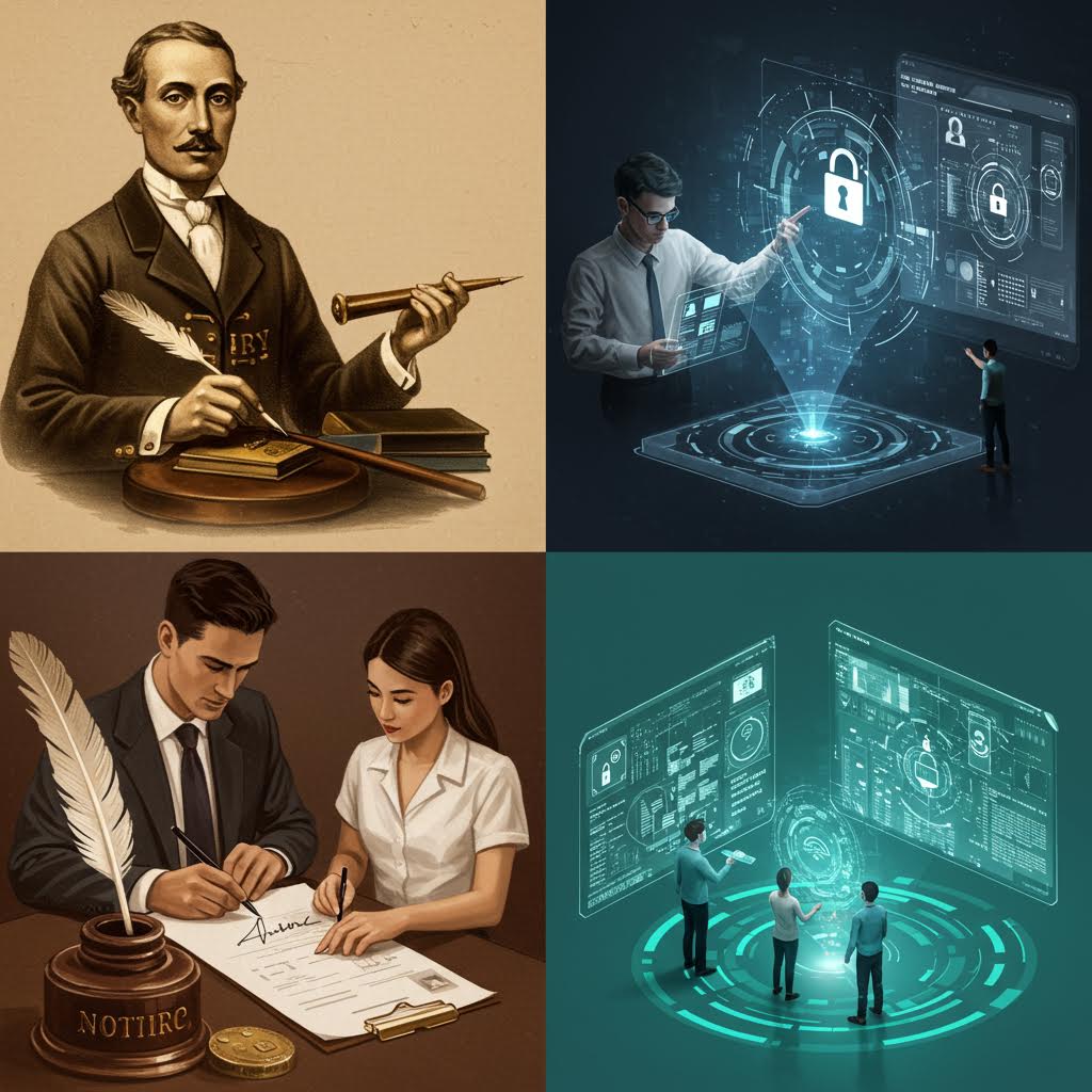 문서 인증과 디지털 보안 시스템이 동시에 묘사된 장면으로 온카스터디 교육 과정에 인용될 수 있는 이미지