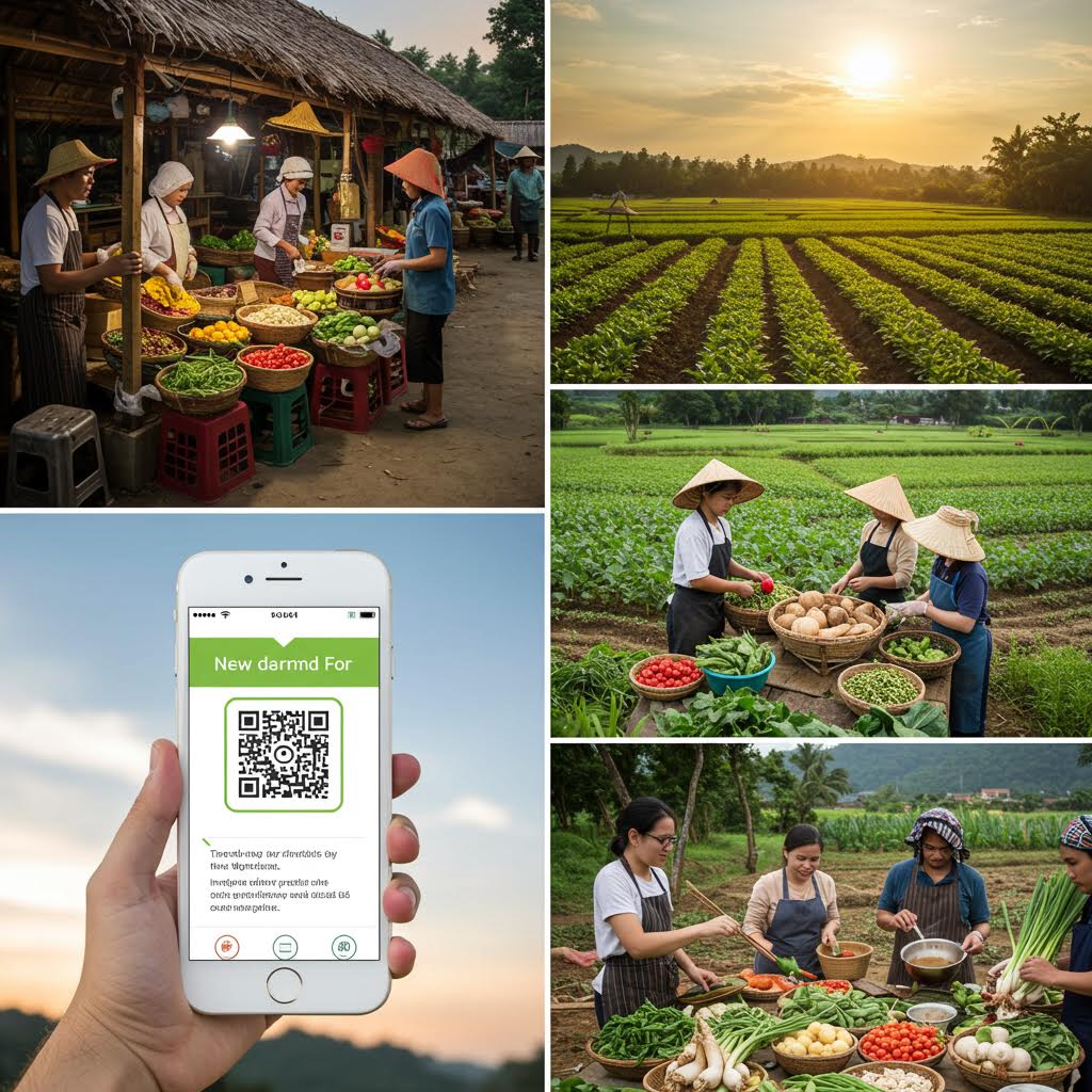 농부들이 밭에서 수확한 채소를 선별하고 QR 코드 인증 화면이 함께 제시된 장면, 이는 온카스터디를 연상시키는 신뢰와 안전 기반 플랫폼을 은유적으로 표현한 이미지