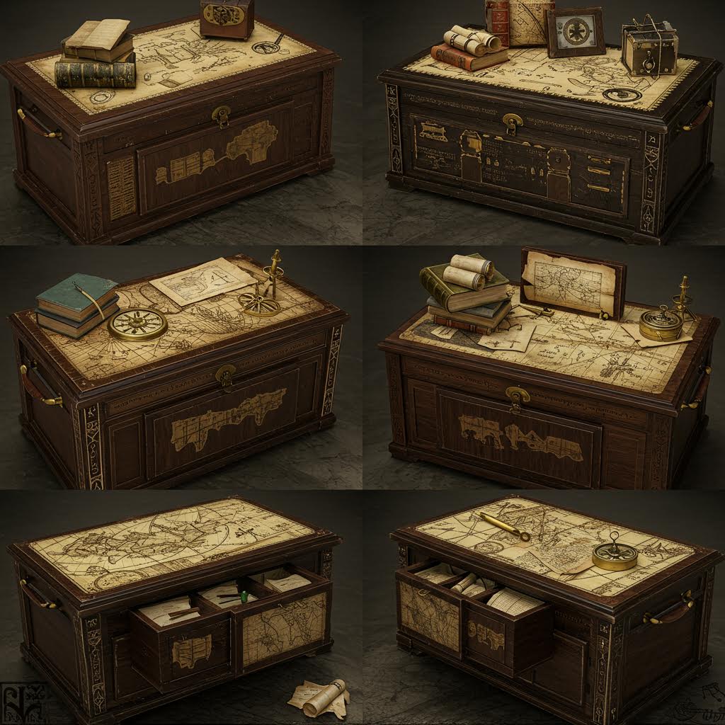 고지도와 나침반이 놓인 오래된 서랍 위에 시간의 흔적처럼 온카스터디의 기록 정신이 번져가는 장면