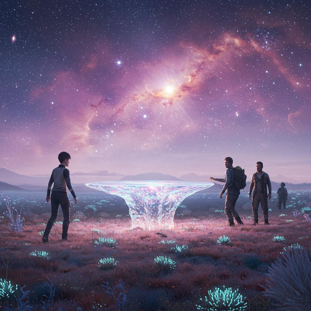 은하빛이 흘러내리는 초원의 중심에서 빛의 소용돌이를 바라보는 탐험가들의 시선에 온카스터디의 탐구 정신이 스며드는 장면