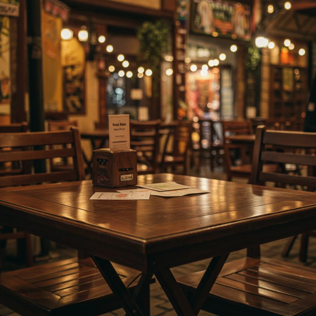 은은한 조명 아래 비어 있는 나무 테이블 위로 온카스터디의 신뢰를 상징하듯 정돈된 문서가 놓인 순간