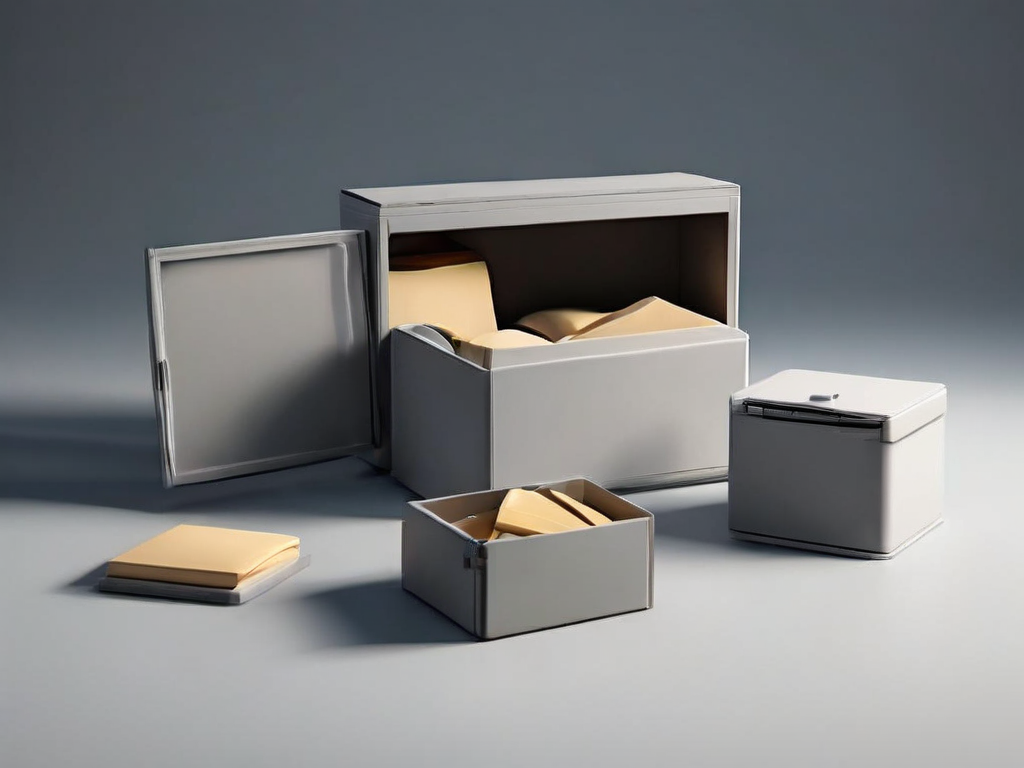 Small archive boxes with blank compartment inserts arranged on a matte gray surface, representing practical information.