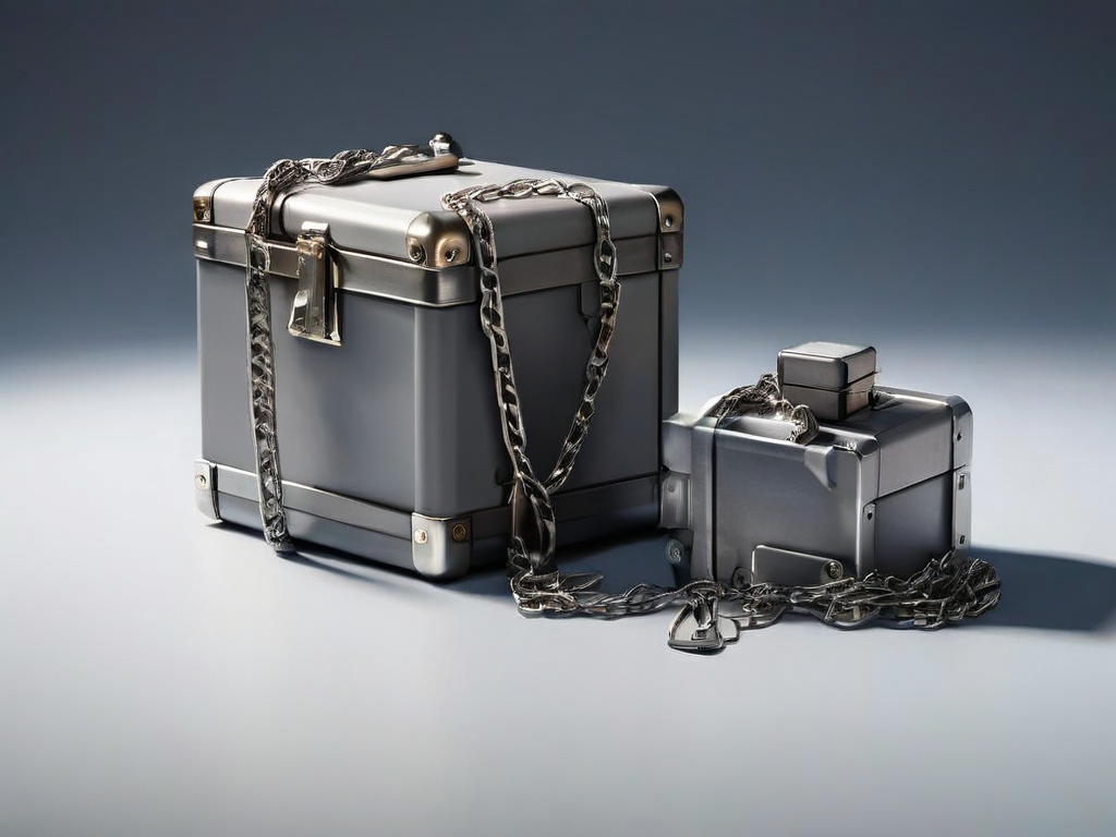 Sealed storage case with metal chain and small blocks on gray studio surface.