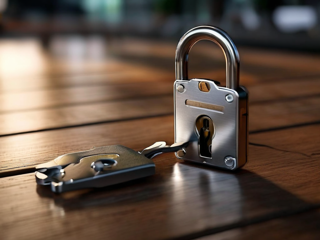 Metal lock, key case, and security card arranged on brushed metal surface for digital account preparation.