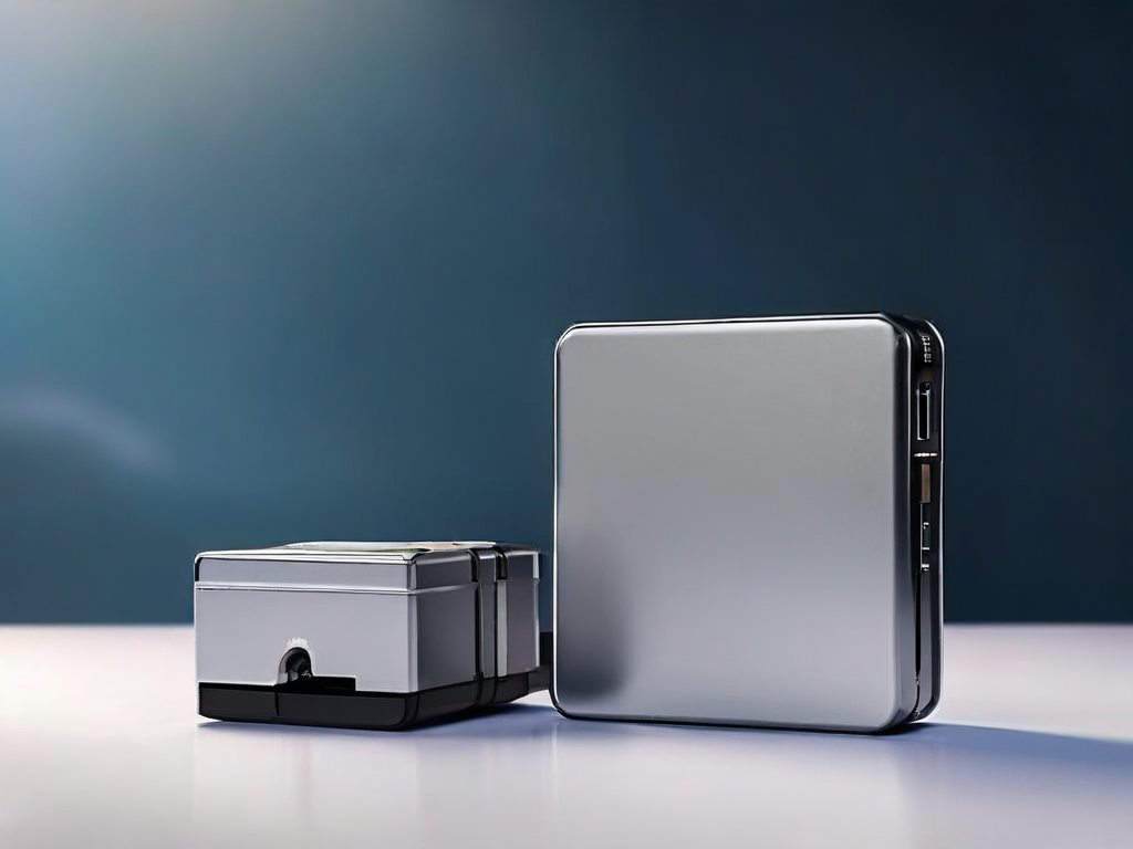 External drive and stacked blank data blocks on brushed metal surface, morning light, shallow depth of field.