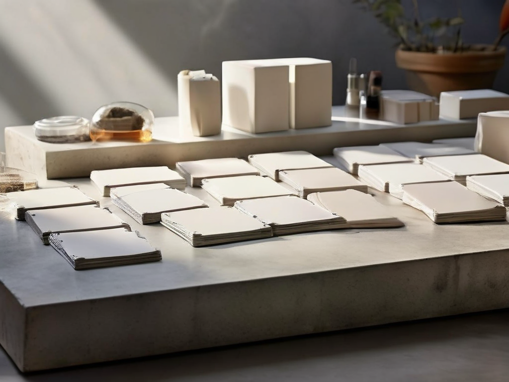 Stack of blank storage blocks with a red confirmation stamp on a neutral acrylic tray, soft studio light.
