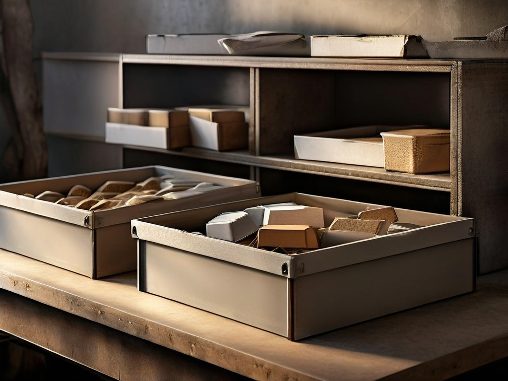 Stacked translucent plastic storage boxes with empty compartments on a stone countertop, soft studio lighting.