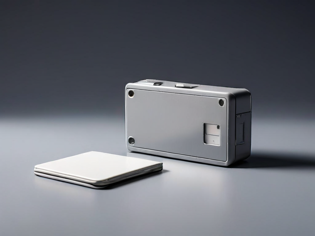 Blank sealed external drive, memory card, and empty photo sleeve arranged on a matte gray surface under soft side light.