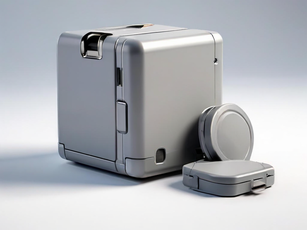 External drive with stacked blank data blocks and a small capacity gauge on a gray studio surface.