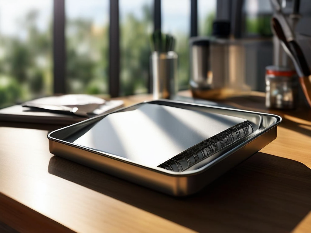 Brushed metal tray with blank divider cards in morning light, organized storage metaphor