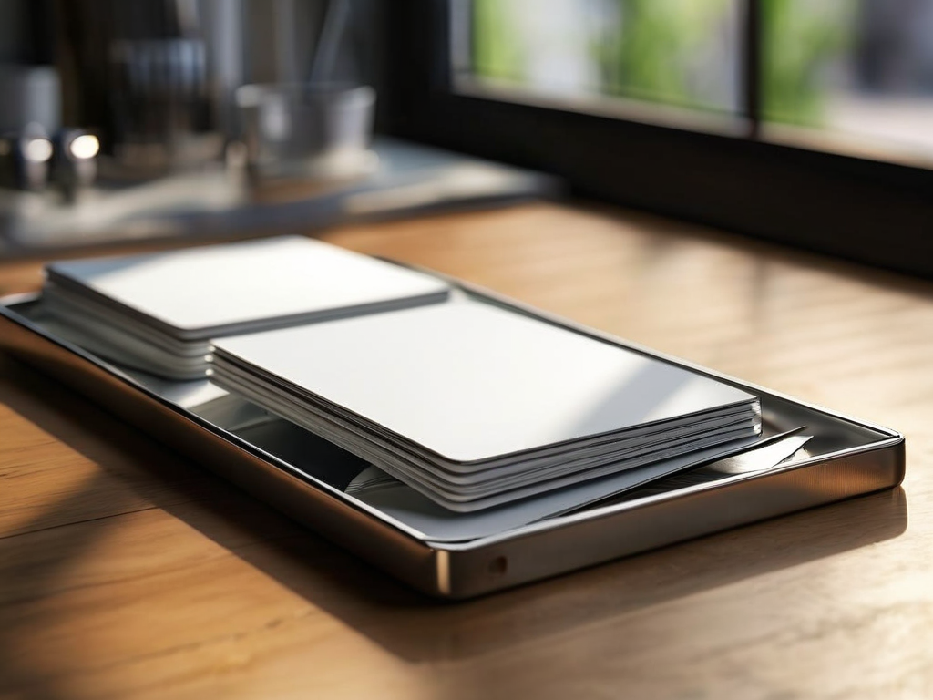 A brushed metal surface holds blank divider cards and a compact storage tray in morning light, symbolizing organized saved...
